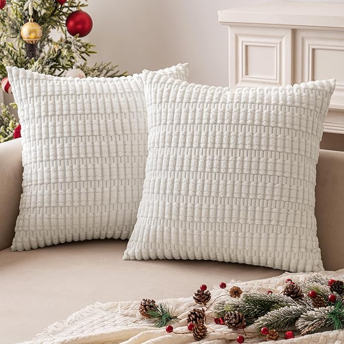 MIULEE Pack of 2 Corduroy Decorative Throw Pillow Covers 20x20 Inch Soft Boho Striped Pillow Covers Modern Farmhouse Home Decor for Sofa Living Room Couch Bed Pure White