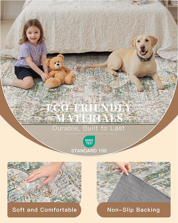 Madane Hallway Runner Rug 2x12, Extra Long Washable Runner Rugs with Rubber Backing, Non Slip Carpet Runner for Hallway, Vintage Rug Runners for Kitchen Laundry Room Entryway (Green, 2'x12')