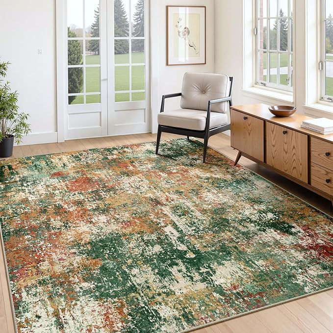 Washable Area Rugs 5'x8' Non-Slip Modern Abstract Soft for Living Room Entryway Bedroom Nursery, Print Pattern, Green Orange Rust Red Cream Colorful