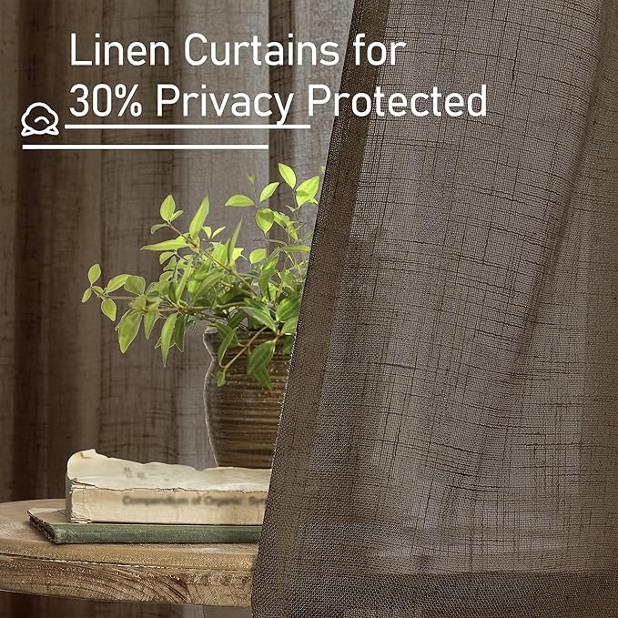 LAMIT Dark Brown Linen Curtains 54 Inch Length 2 Panels, Light Filtering Panels Back Tab and Rod Pocket Neutral Drapes for Bathroom/Window/Bedroom, 52 x 54 Inch