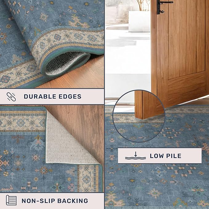 Hazo Haus Boho 2x5 Kitchen Rugs Non Slip - Washable Blue Runner Rug for Bedroom Beside Bed, Laundry Room, Hallway, Non Slip with Rubber Backing, Floral Eclectic Unique Runner Décor