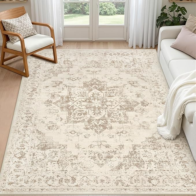 5x7 Area Rugs for Living Room: Vintage Boho Neutral Washable Rug Indoor Soft Large Area Rug Carpet for Bedroom Nursery Farmhouse Dining Room Office Floor Non-Slip Low Pile Under Table Rug Beige/Ivory