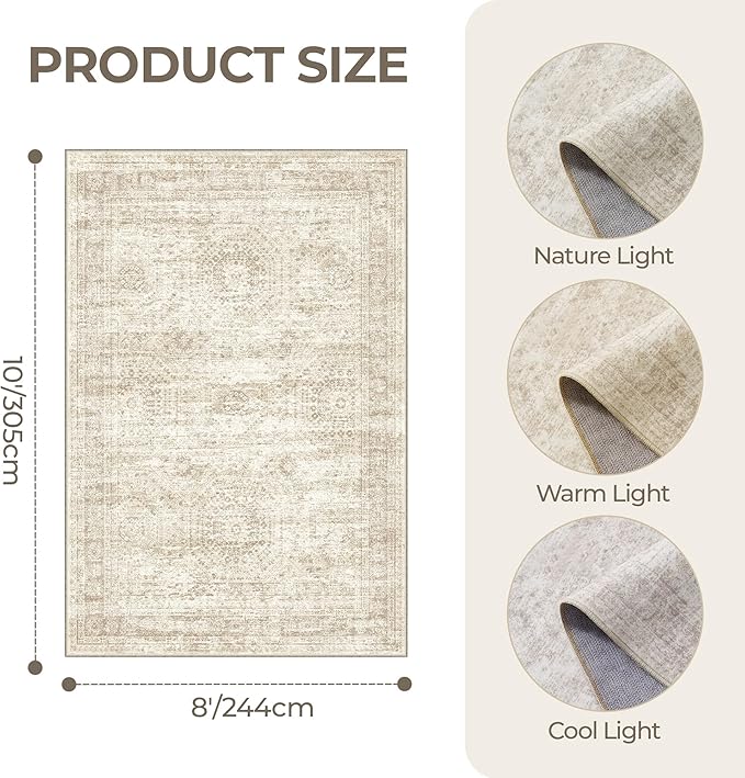 8x10 Area Rugs for Living Room, Non-Slip Backing Large Washable Rug for Nursery Room, Vintage Abstract Bedroom Rugs, Thin Indoor Home Decor Soft Farmhouse Rug (8'x10', Beige/Ivory)