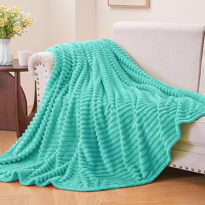 BEDELITE Fleece Throw Blanket for Couch – 3D Ribbed Jacquard Soft and Warm Decorative Fuzzy Blanket – Cozy, Fluffy, Plush Lightweight Aqua Throw Blankets for Bed, Sofa, 50x60 inches