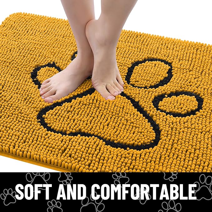 Smiry Dog Door Mat for Muddy Paws, Absorbent Dirt Trapper Non Slip Quick Dry Washable Chenille Mat for Mud Dogs, Entry Rug for Indoor and Outdoor (48x30 Inches, Golden Yellow and Black)