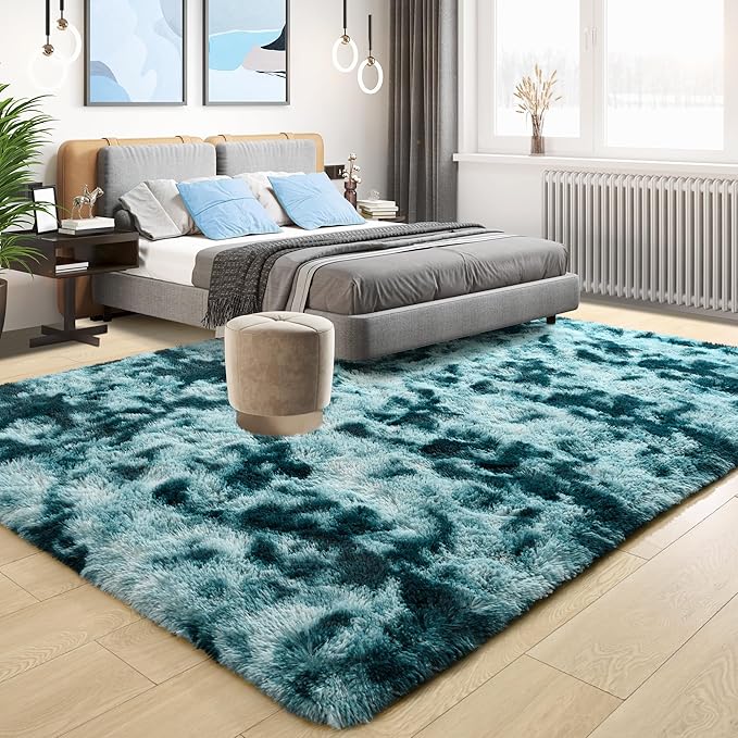 Tepook Soft Fluffy Rugs for Living Room, 5x8 Shaggy Area Rug for Bedroom, Modern Shag Rug Fuzzy Carpets for Kids, Plush Indoor Nursery Home Decor Rug with Non-Slip Bottom, Peacock Blue