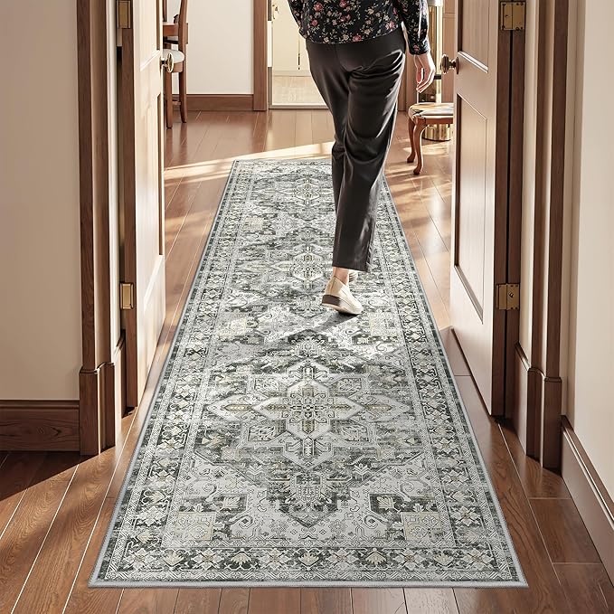 Runner Rug 2x8 Runners for Hallways Non Slip Washable, Vintage Hallway Runner Rugs for Living Room, Low Pile Soft Hallway Rug for Kitchen Bedroom Laundry Room Rug(Grey/Beige,2'x8')
