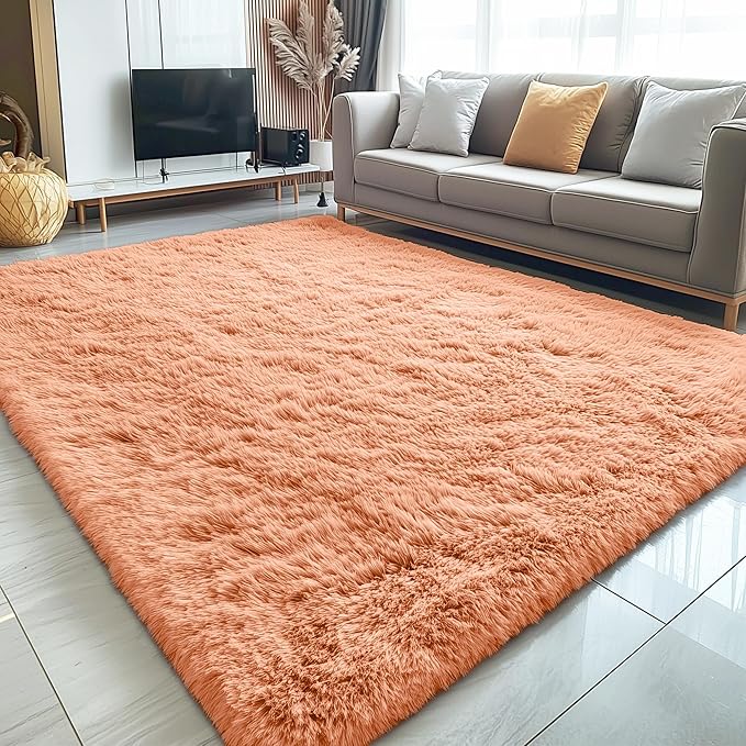 OLANLY 5x7 Machine Washable Large Area Rugs for Living Room, Bedroom, Soft Fluffy Shaggy Bedside Rug, Indoor Floor Carpet for Kids Girls and Boys, Dorms, Nursery, Home Decor Aesthetic, Muted Orange