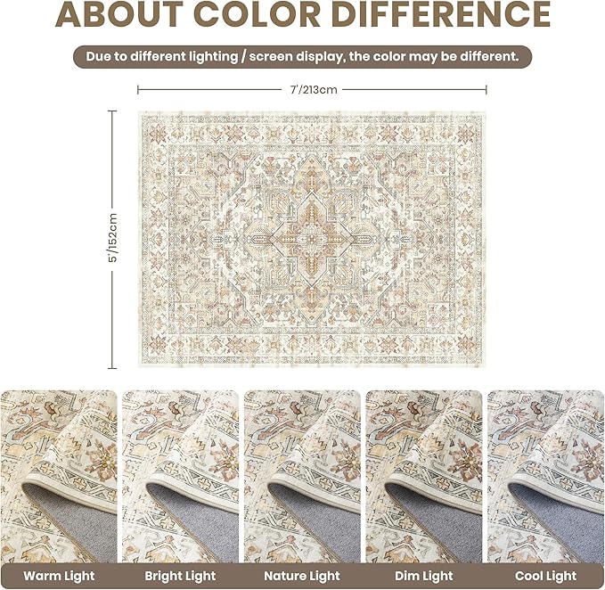 zesthome 5x7 Washable Rug-Stain Resistant Area Rugs for Living Room, Ultra-Thin Vintage Rugs, Non-Slip Backing Rug, Low Pile Large Area Rug, Boho Home Decor