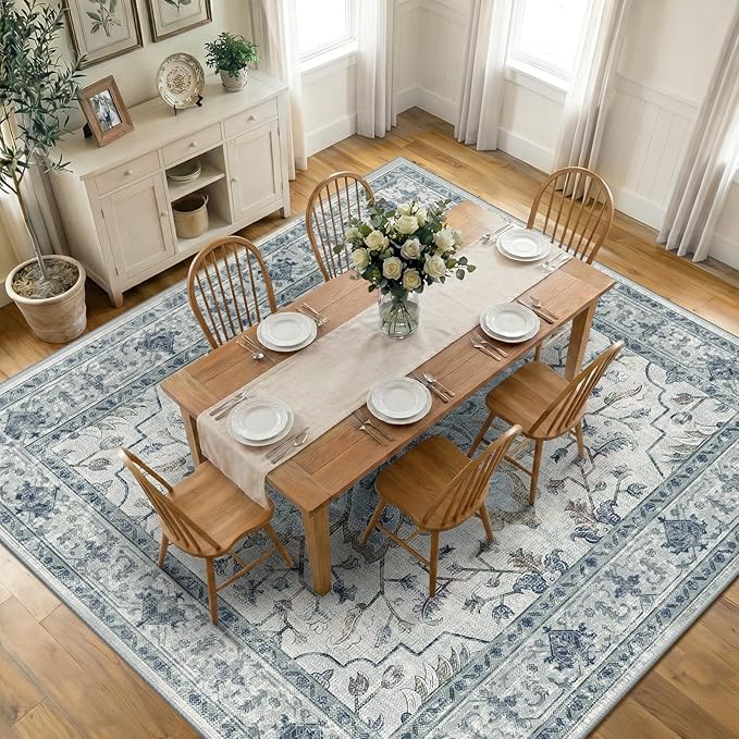 RELEANY Area Rugs Square 10ft Washable Non-Slip, Floral Vintage Distress Print Pattern Medallion Carpet for Living Room Bedroom Dining Room, Light Blue Navy Beige Gray White
