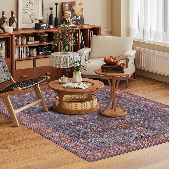 Washable Area Rug 9' x 12' Vintage Traditional Persian Mat - Foldable Distressed Non-Slip Machine Washable Carpet for Living Room Bedroom Kitchen Home Decor - Indigo and Crimson