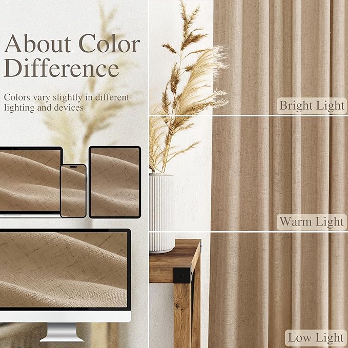 Sand Beige Linen 112 Inch Curtains for Living Room Simple Modern Light Filtering Semi Sheer Curtain Back Tab Rustic Luxury Home Decor Drapes Floor to Ceiling High Window for Bedroom 52x112, 2 Panels