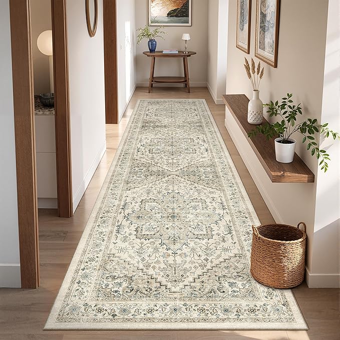 Runner Rug 2x8 Runners for Hallways Non Slip Washable, Vintage Hallway Runner Rugs for Living Room, Low Pile Soft Hallway Rug for Kitchen Bedroom Laundry Room Rug(Brown/Beige,2'x8')