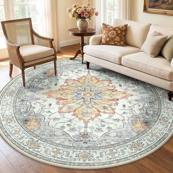 RELEANY Area Rugs 6ft Washable Non-Slip, Floral Vintage Distress Print Pattern Medallion Carpet for Living Room Bedroom Dining Room, Light Yellow Carbon Grey Orange