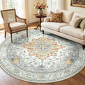 RELEANY Area Rugs 6ft Washable Non-Slip, Floral Vintage Distress Print Pattern Medallion Carpet for Living Room Bedroom Dining Room, Light Yellow Carbon Grey Orange