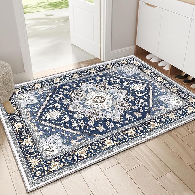 OPPODREAM Soft Throw Rugs 2x3, Small Washable Entryway Rugs 2 x 3 with Non Slip Backing, Low-Pile Faux Cashmere 2 x 3 Carpet, Navy Blue & Gold