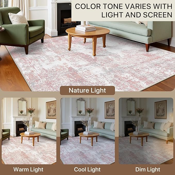 Area Rugs 9x12 for Living Room Bedroom, Modern Abstract Machine Washable Rug, Large Soft Low Pile Floor Carpet with Non Slip Backing for Dining Room, Pink/Grey