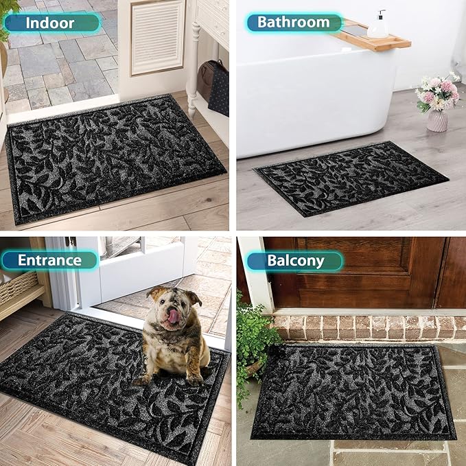Bulijojo Sturdy Front Entrance Doormats,Durable Heavy Duty Welcome Mat,Thick Absorbent Natural Rubber Non Slip Mat,Easy Clean Entryway Mat Leaves Black 23"x35"