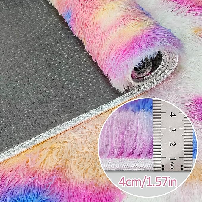 Fluffy Colorful Rug for Bedroom 2x6 ft Kawaii Tie-Dyed Area Rug Non Slip Cute Unicorn Kids Runner Rug for Girls Princess Teens Living Room Playroom Baby Nursery Decor Carpets