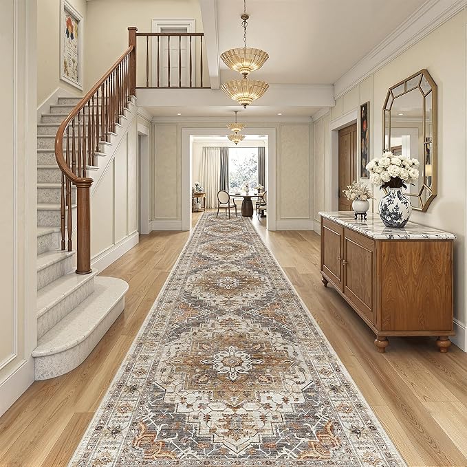 Madane Hallway Runner Rug 3x18 - Kitchen Rugs 18ft Washable Entryway Rug Vintage Kitchen Runners Non Slip Indoor Area Rug Farmhouse Carpet Runner for Bathroom Living Room Bedroom, Turmeric/Grey