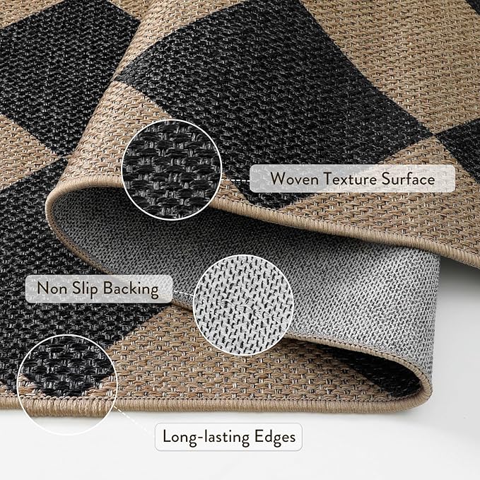 Lahome Colette Checkered Easy Jute Patio Rug, 6x9 Washable Indoor Outdoor Rug, Farmhouse Neutral Non Slip Non Shedding Low Pile Floor Carpet for Deck Living Dining Room Office Mudroom