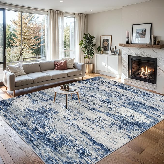Area Rugs 10x14 Living Room - Washable Rug Modern Abstract Soft Large Neutral Non-Slip Carpet Indoor Floor Thin Carpets for Bedroom Dining Room Farmhouse Nursery Home Office Blue Gray