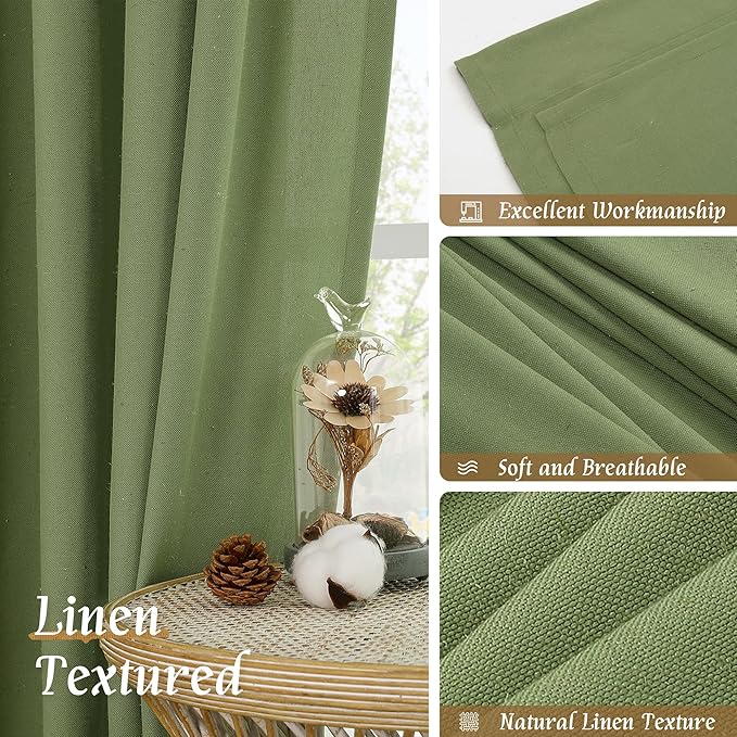 LAMIT Green Linen Curtains for Small Windows, 45 Inches Long Light Filtering Panels Rod Pocket Neutral Privacy Drapes for Window/Bedroom, 2 Panels, 42 x 45 Inch