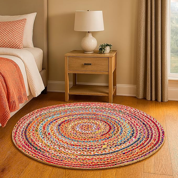 Hausattire Bohemian Braided Rug 4' Round - Multi Color, Circle Farmhouse Jute Cotton Area Rag Rug for Kitchen, Kids Bedroom, Playroom | Colorful Hand Woven Reversible Pet Friendly Carpet
