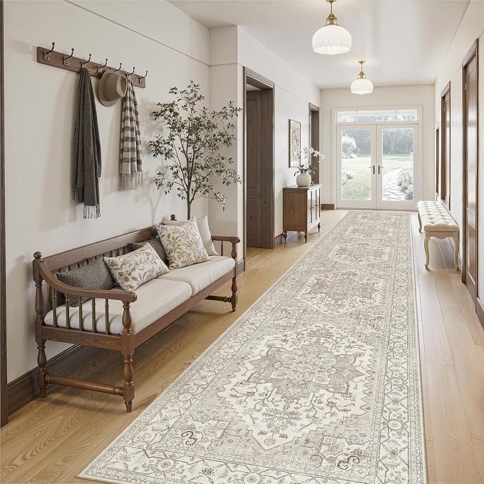 Madane Hallway Runner Rug 2'6''x16' Kitchen Runner - Non Slip Vintage Runners for Hallways Washable Kitchen Rugs Soft Low Pile 2.5x16 ft Rug Runners for Laundry Room, Entryway and Bedroom, Beige/Brown