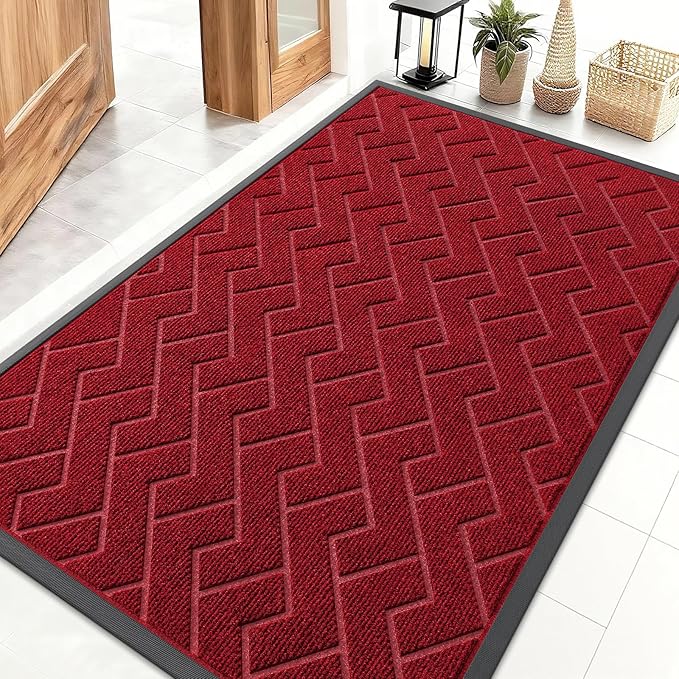 OLANLY Front Door Mat Indoor Outdoor Entrance, Waterproof All-Season, All-Weather Doormat, Sturdy Natural Rubber, Low Profile, Easy Clean Patio Porch Entryway Mat, Herringbone Brick (Wine Red, 47x32)