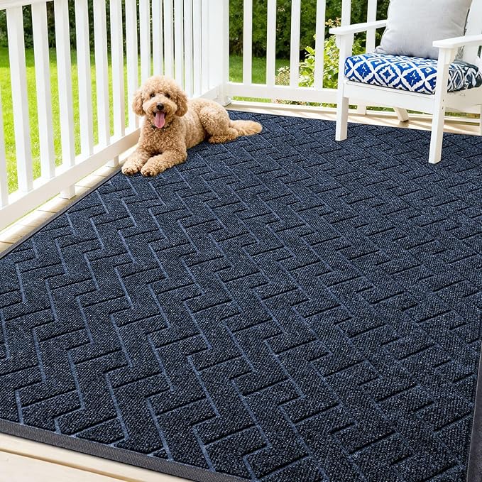 OLANLY Front Door Mat Indoor Outdoor Entrance, Waterproof All-Season, All-Weather Doormat, Sturdy Natural Rubber, Low Profile, Easy Clean Patio Porch Entryway Mat, Herringbone Brick (Blue, 71x47)