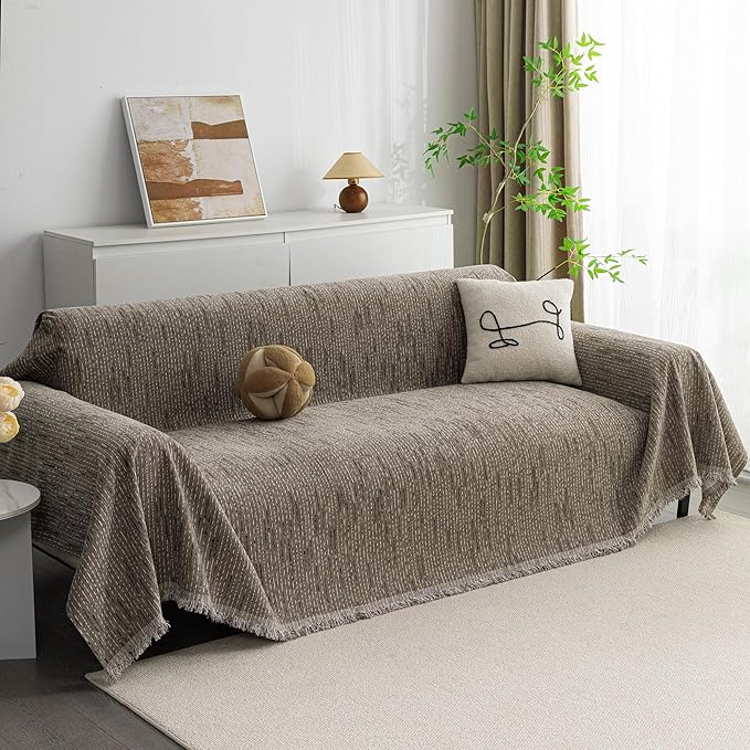 MYSKY HOME Loveseat Cover Sand Couch Cover Sectional Couch Covers for 2 Cushion Couch Sofa Thick Universal Chenille Sofa Cover with Tassel Durable Furniture Protector for Dogs 91" x 118"