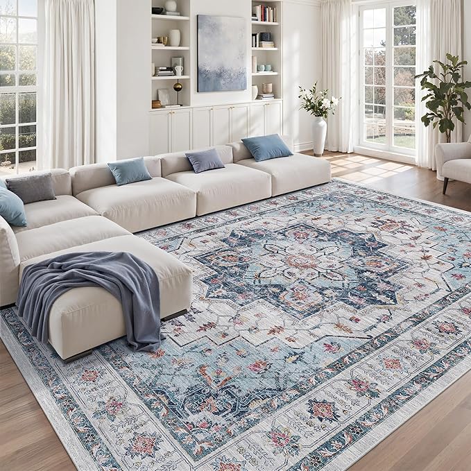zesthome 8x10 Area Rugs,Stain Resistant Washable Rug,Ultra-Thin Rugs for Living Room,Bedroom,Non-Slip Backing Home Decor Large Area Rug (Blue,8'x10')