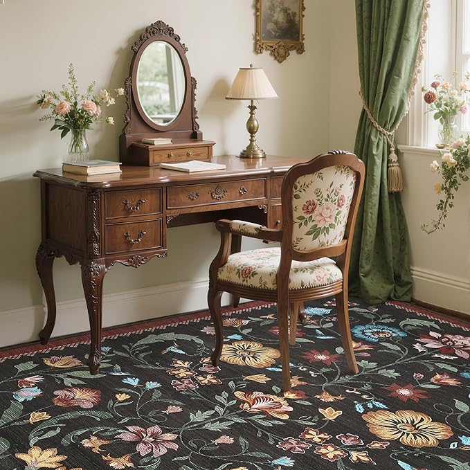 GarveeHome Washable Rug 5x7 Area Rugs for Living Room, Floral Rug for Bedroom, Soft Boho Non Slip Throw Rugs with Rubber Back, Low Pile Stain Resistant Vintage Floral Carpet for Dining Room, Red