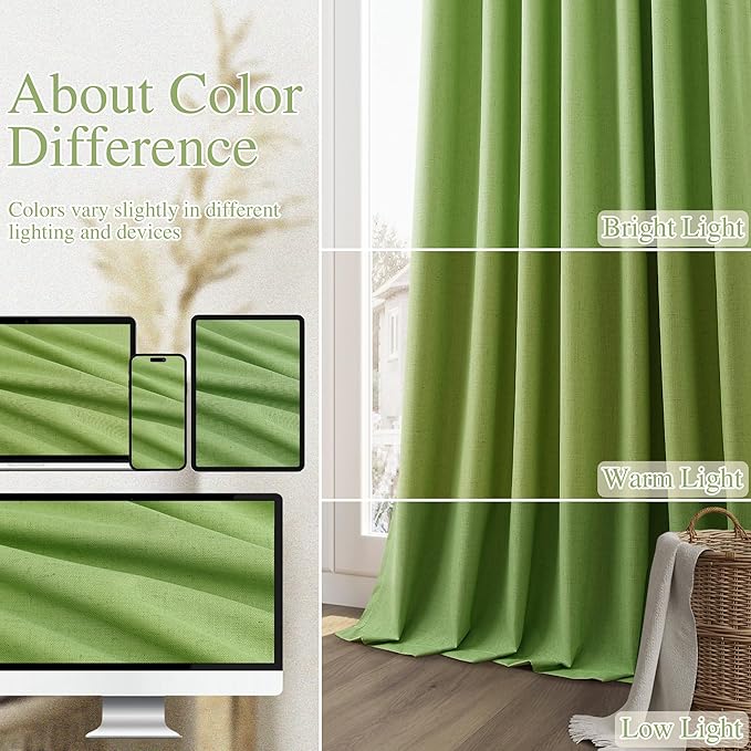 Guken 100% Blackout Curtains 120 Inch Length 2 Panels Set for Living Room Bedroom Back Tab Thermal Insulated Black Out Linen Drapes Room Darkening Lime Green,52x120