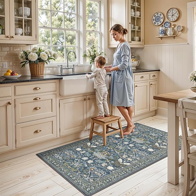 Washable 2x4 Entryway Area Rugs: Anti-Slip Thin Kitchen Carpet Indoor Light-Weight Doormat Ultra Soft Low Pile Nursery Room Rug Vintage Small Floor Mat for Hardwood Bedroom (2x4,Floral/Blue)