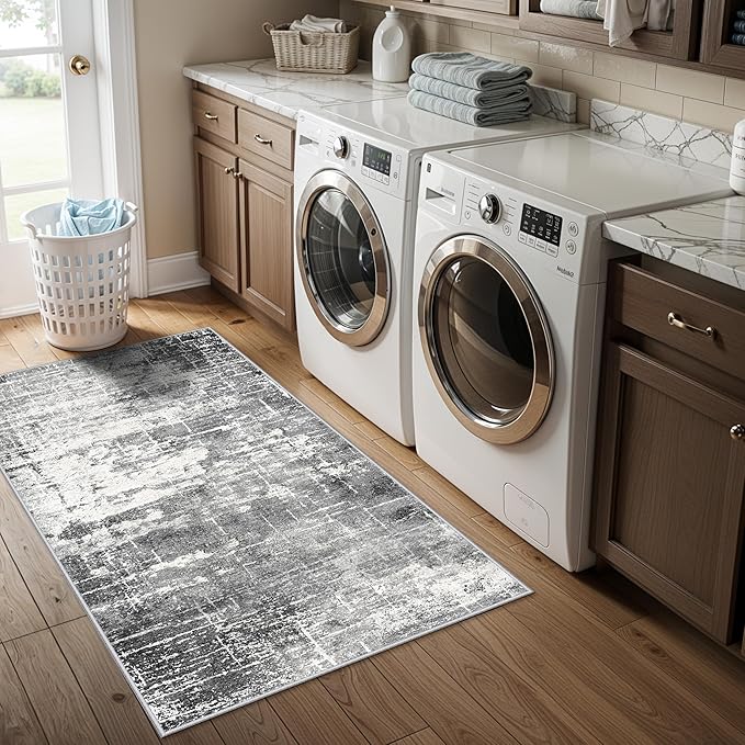 Abstract 2x4 Entryway Area Rugs: Washable Water Resistant Kitchen Rug Non-Slip Durable Doormat Ultra Soft Bedroom Beside Carpet Indoor Low Pile Floor Mat for Bathroom Stove Sink Area(2x4,Black/Grey)
