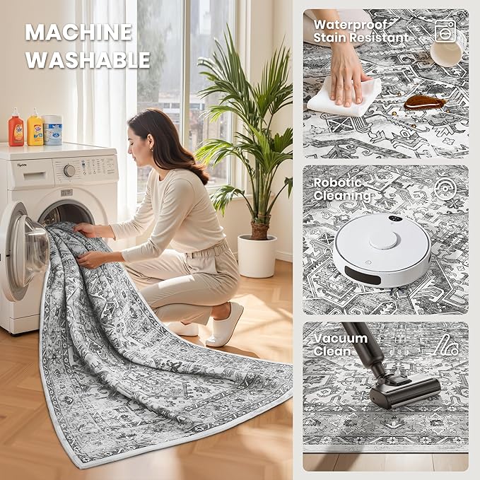 zesthome 6x9 Area Rug, Super Soft Washable Rugs for Living Room, Non-Slip Stain Resistant Vintage Rugs, Ultra-Thin Large Area Rugs (Grey/White,6'x9')