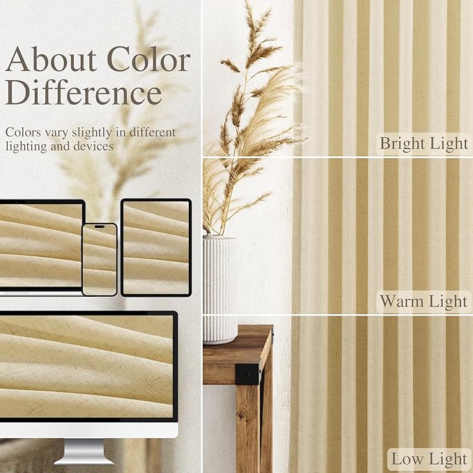 Nanspring Cream Yellow Linen Curtains 90 Inches Long for Living Room Light Filtering Modern Farmhouse Sheer Curtains Back Tab and Rod Pocket Curtain for Bedroom Office 52x90, 2 Panels