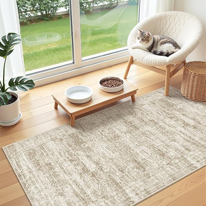 2x4 Washable Rug Runner for Bathroom, Soft Entryway Rug for Laundry Room, Kitchen, Vintage Abstract Hallway Runner for Bedroom, Anti-Slip Door Mat Indoor Entrance(2'x4', Brown/Ivory)