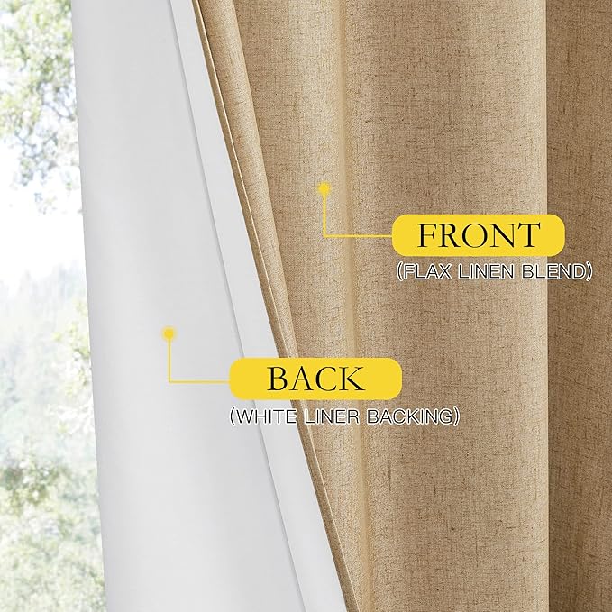 NICETOWN 100% Absolutely Blackout Linen Curtains with Thermal Insulated White Liner, Camel, 34" Wide by 48" Long, 2 Pieces, Linen Blend Window Drapes Privacy Window Treatments for Bedroom/Kids Room