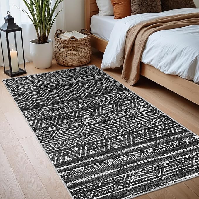 2x4 Washable Entryway Runner Rug: Moroccan Small Area Rug Soft Non Slip Door Mat for Hallway Low Pile Thin Stain Resistant Floor Carpet for Kitchen Bedroom Bathroom Bedside Indoor(2x4,Black)