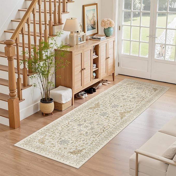 Madane Hallway Runner Rug - 2x5 Rug Runner Washable Runner Rugs Non-Slip Low-Pile Kitchen Runner Rug Laundry Room Rug Throw Carpet for Entrance Bedroom Living Room (2'x5', Beige/Blue)