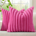 decorUhome Summer Cozy Faux Fur Throw Pillow Covers 16x16 Set of 2 Decorative Soft Plush Striped Modern Farmhouse Boho Couch Pillow Cases with Velvet Back for Sofa Bed Living Room, Hot Pink