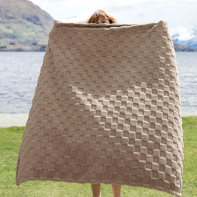 Bedsure GentleSoft Light Brown Throw Blanket for Couch - Checkered Fleece Blankets Gifts for Kids Girls, Cute Soft Cozy Throw for Bedroom Home Decor Gifts, 50x60 Inches