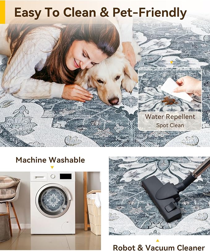 Area Rugs 7ft Washable Non-Slip, Floral Vintage Distress Print Pattern Medallion Carpet for Living Room Bedroom Dining Room, Light Gray Grey White
