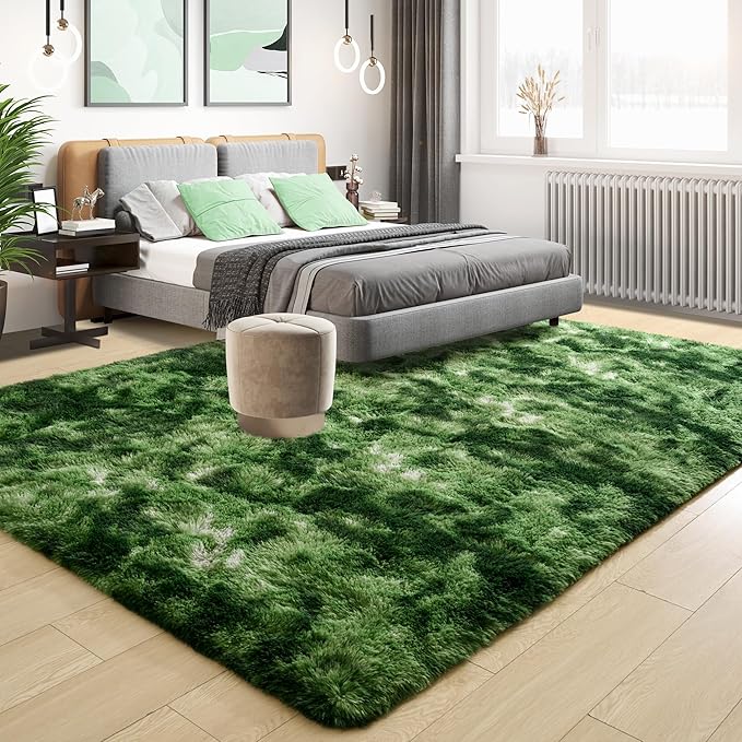 Tepook Soft Fluffy Rugs for Living Room, 5x8 Shaggy Area Rug for Bedroom, Modern Shag Rug Fuzzy Carpets for Kids, Plush Indoor Nursery Home Decor Rug with Non-Slip Bottom, Tie-Dyed Dark Green