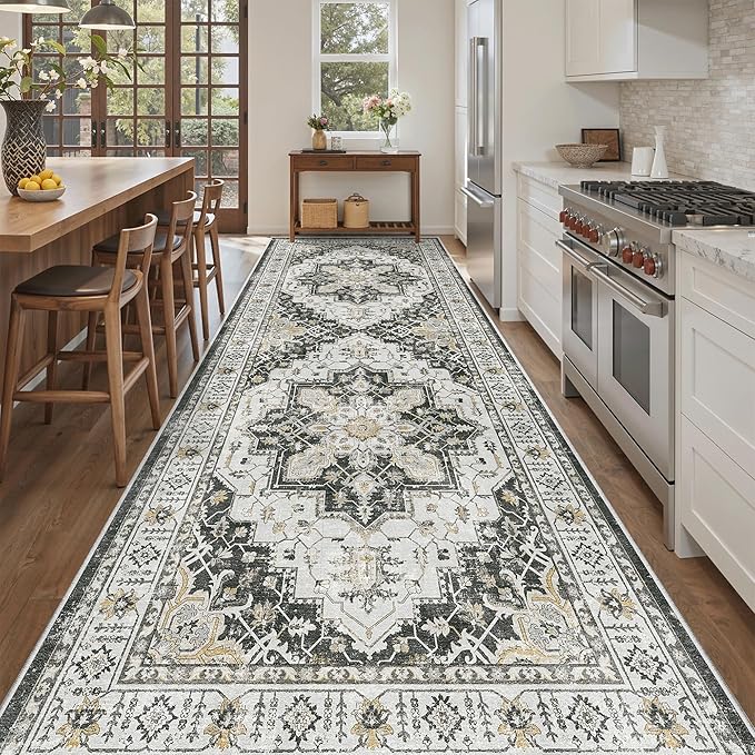 Madane 4x10 Wide Hallway Runner Rug: Washable Soft Rug Runners for Living Room Bedroom, Stain Resistant Low Pile Area Rugs Thin Non Slip Floor Carpet for Ktichen Bathroom Dining Room (Black,4x10)