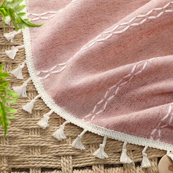 Coral Curtains Boho Blackout Curtains 2 Panels 84 Inch for Living Room Bedroom, Linen Texture Farmhouse Curtains with Tassels and White Cotton Embroidery Vintage Rustic Country Western