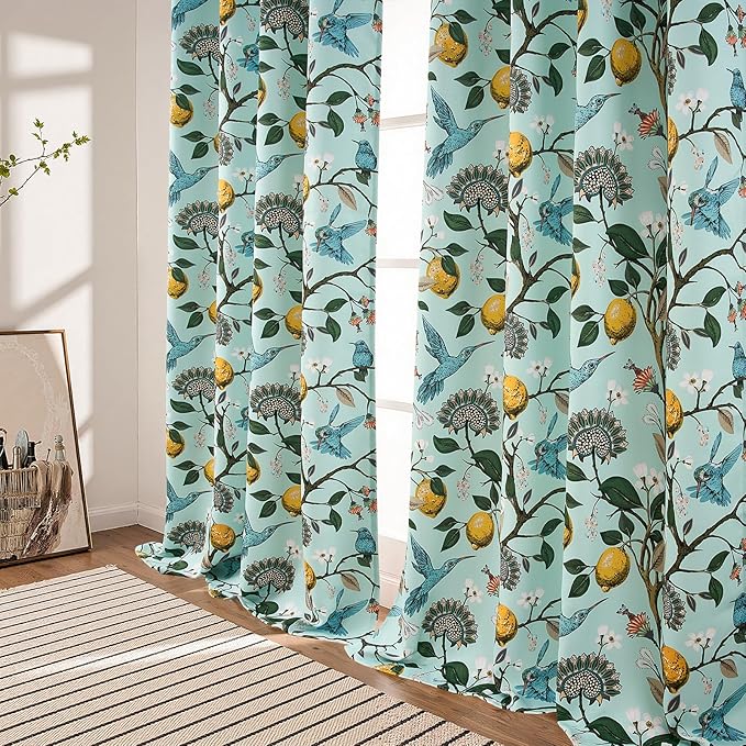 Topfinel Green Floral Curtains 84 Inches Long Vintage French Country Grommet Botanical Hummingbird Woodland Jungle Victorian Patterned Mint Green Lemon Drapes for Bedroom Dining Living Room